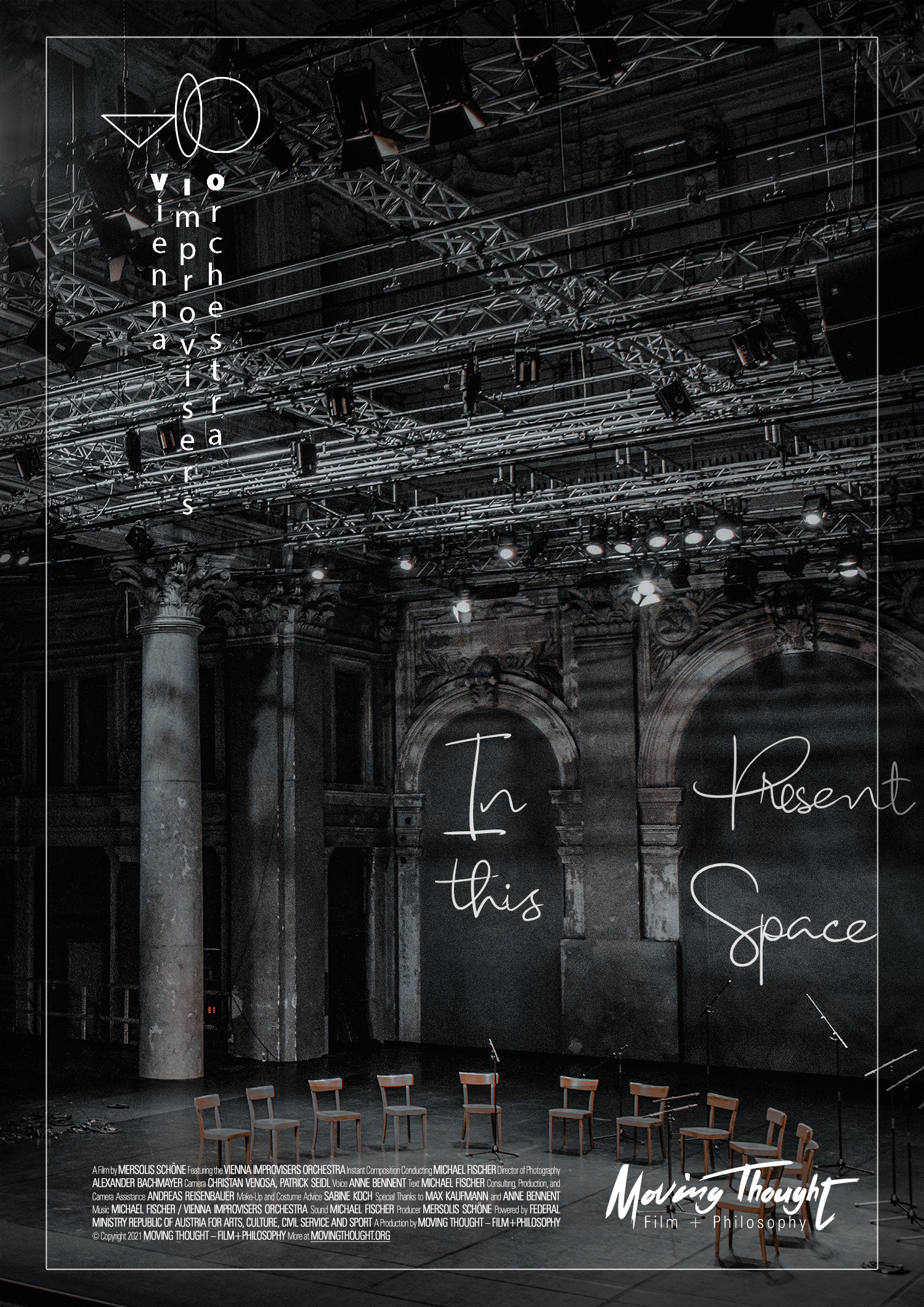 In This Present Space (Poster) - by Mersolis Schöne with the Vienna Improvisers Orchestra, Michael Fischer (instant composition conducting), Odeon Theater, Wien, Vienna, Anne Bennent, Isabell Kargl, Sun Sun Yap, Nika Zach, Tahereh Nourani, Elisabeth Kelvin, Lisa Hofmaninger, Clemens Salesny, Florian Sighartner, Emily Stewart, Judith Reiter, Irmi Wolvin, Clemens Sainitzer, Beate Wiesinger, Edward Reardon, Valentin Duit, special thanks to Max Kaufmann and Anne Bennent